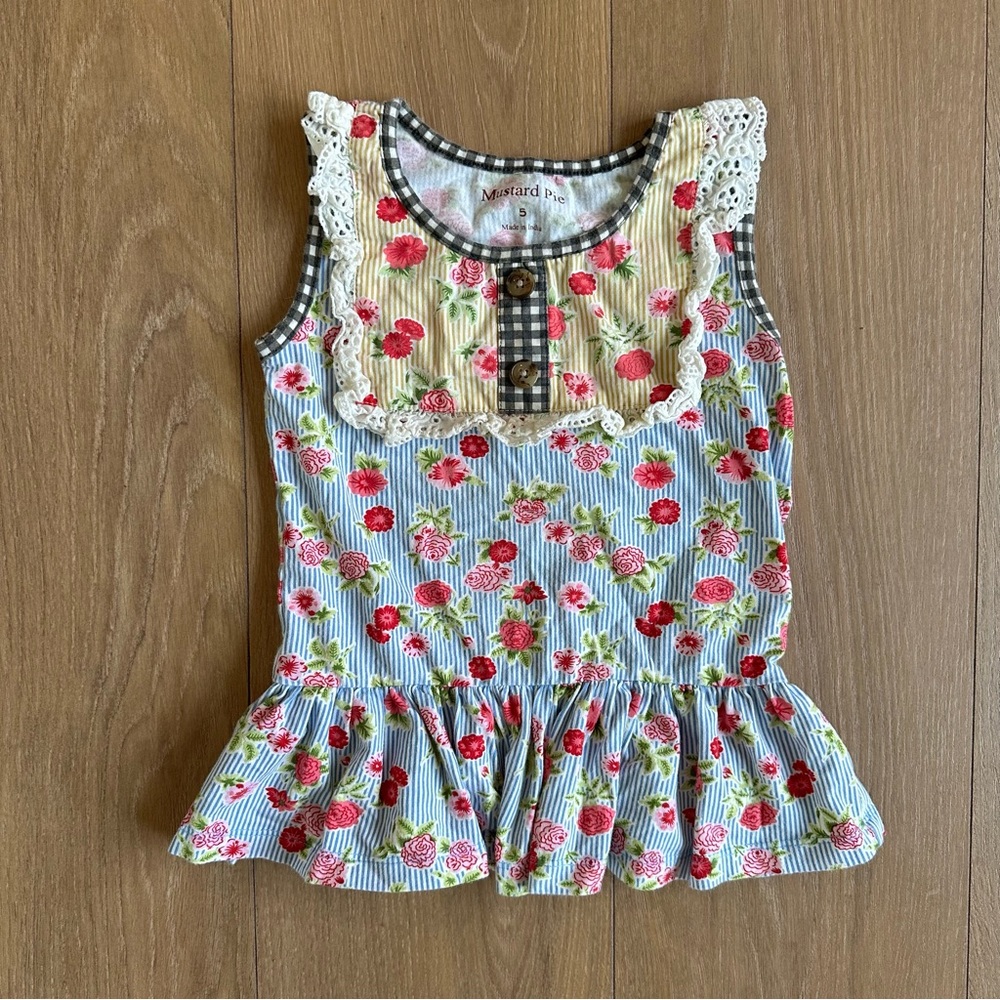 Mustard Pie Blue and Pink Peplum top with eyelet lace Details